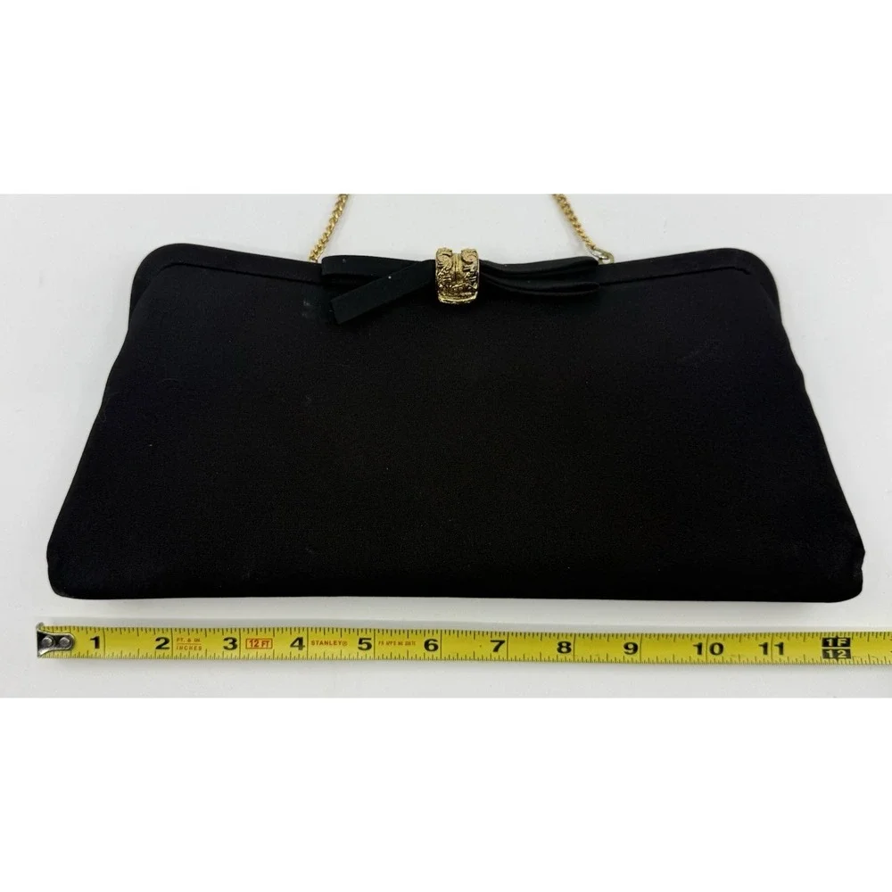 Vintage Black Satin Evening Clutch Gold Chain Strap Ornate Clasp Formal Handbag‎